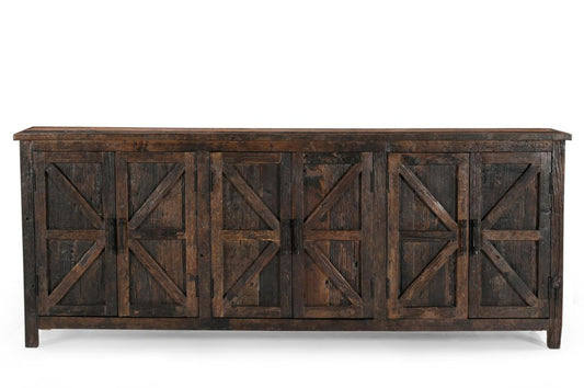 84" Dark Brown Distressed Reclaimed Wood Paneled Sideboard with Six Doors HomeRoots