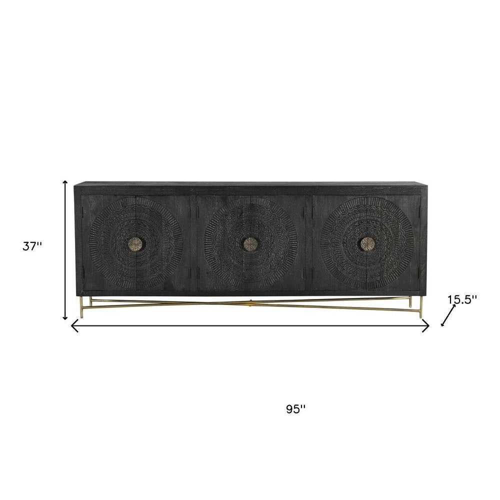 95" Black Distressed Solid Wood Carved Geometric Sideboard with Six Doors HomeRoots
