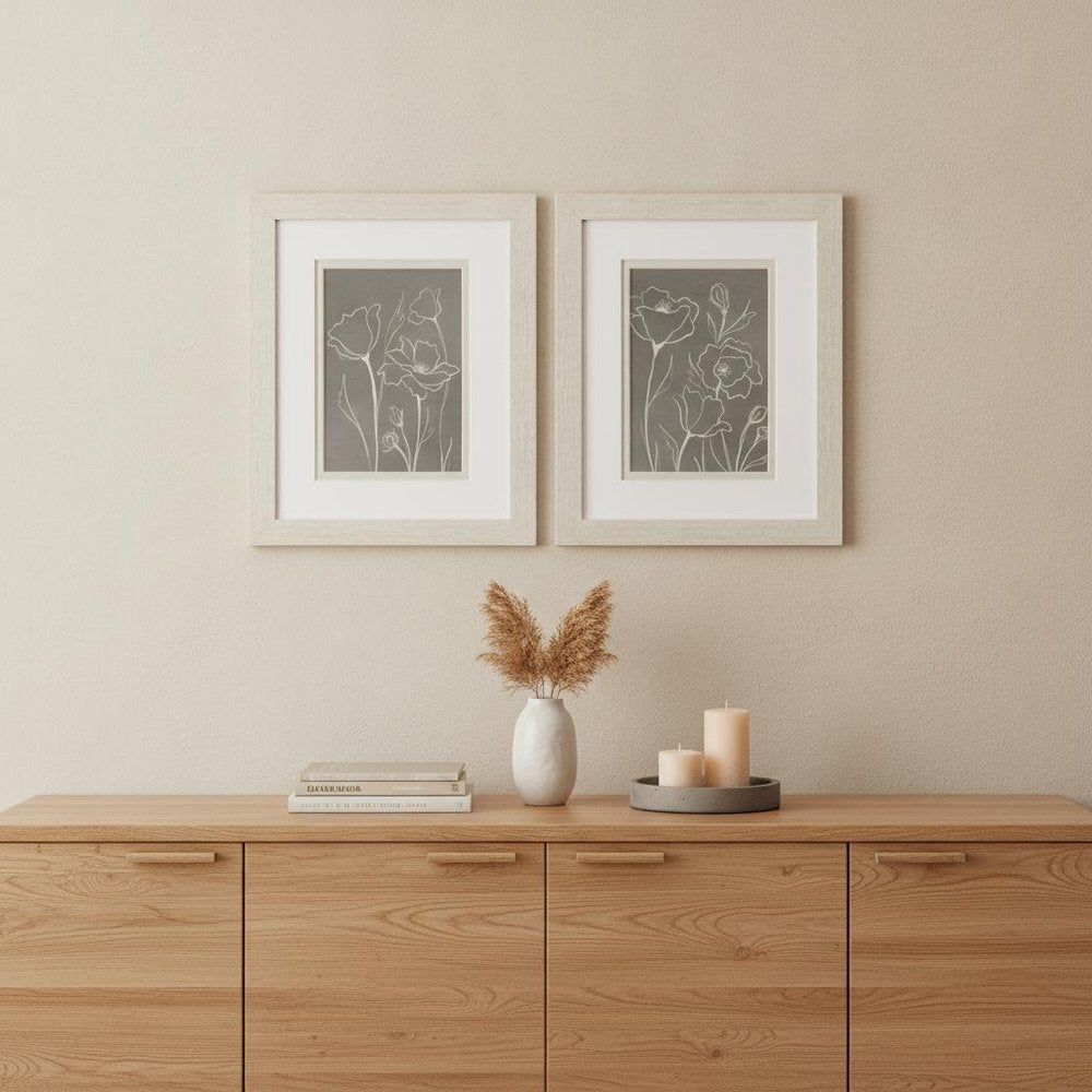 Set Of Two Gray Poppies Sketch White Framed Print Wall Art HomeRoots