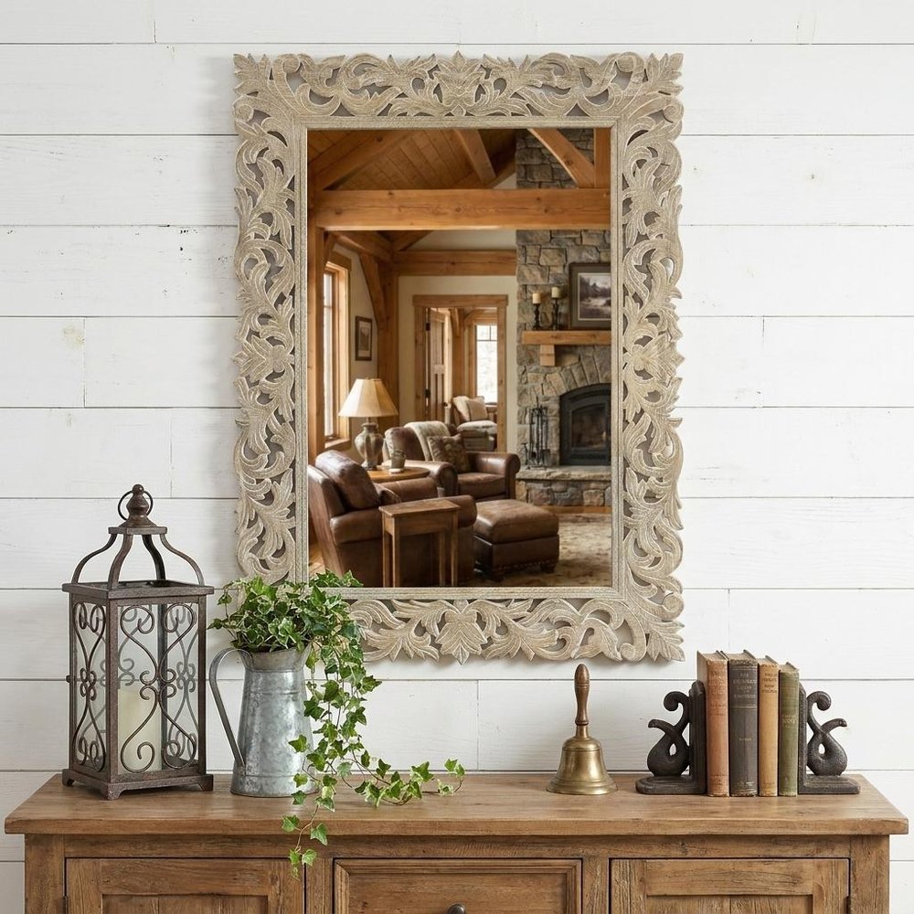 35" Gray Floral Carved Solid Wood Framed Accent Mirror HomeRoots