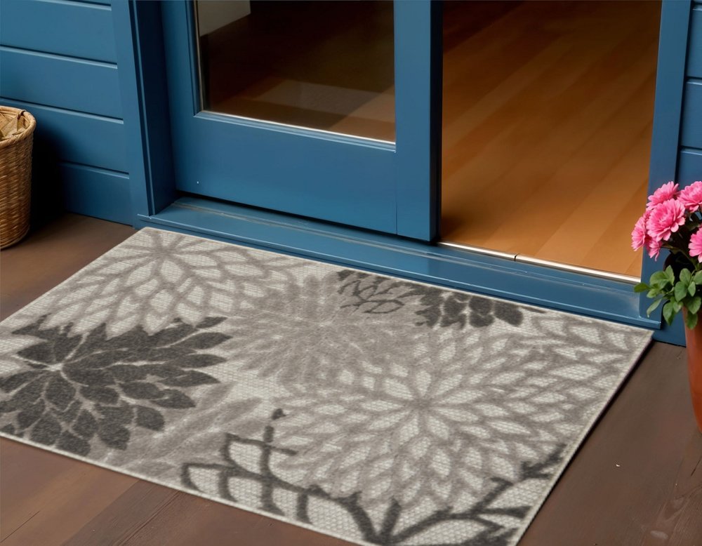 3' X 5' Gray Floral Stain Resistant Non Skid Indoor Outdoor Area Rug HomeRoots