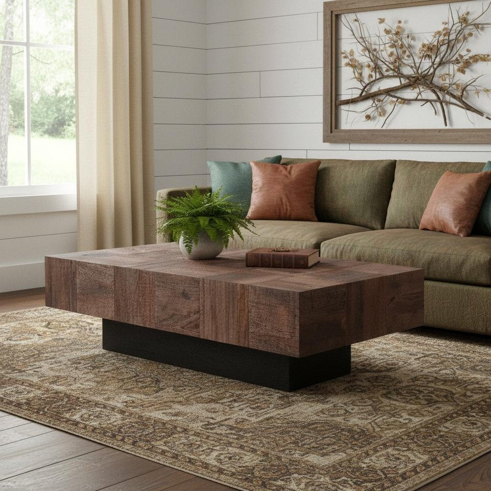 59" Dark Brown and Black Solid Wood Block Coffee Table HomeRoots