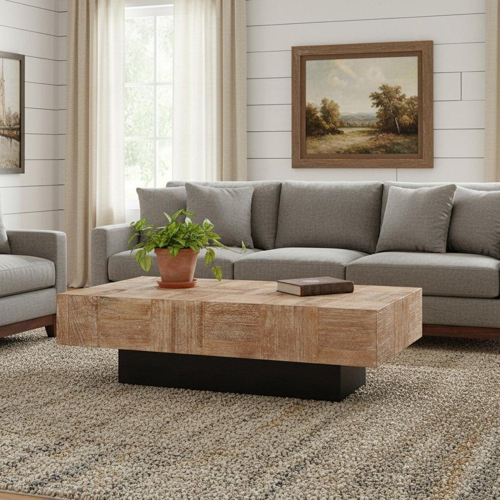 59" Natural and Black Solid Wood Block Coffee Table HomeRoots