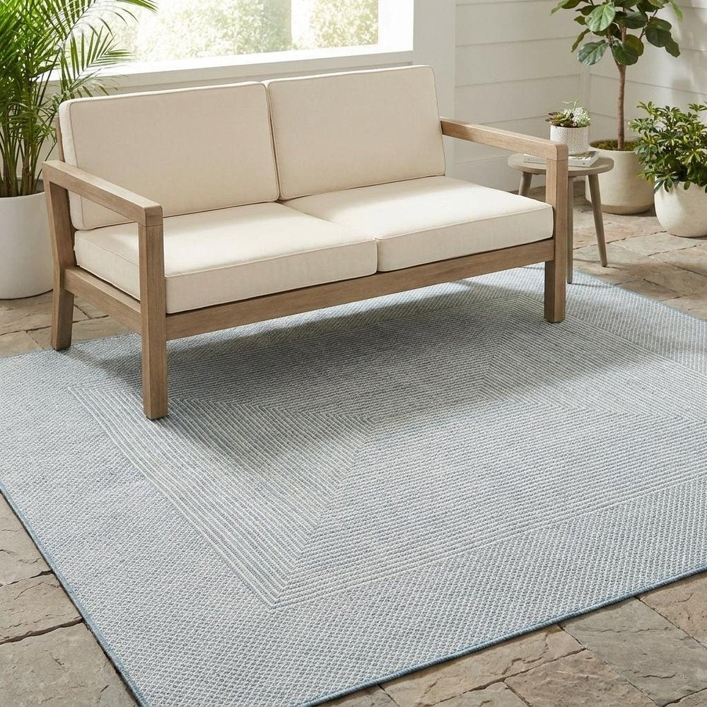 8' Aqua And Ivory Square Indoor Outdoor Area Rug