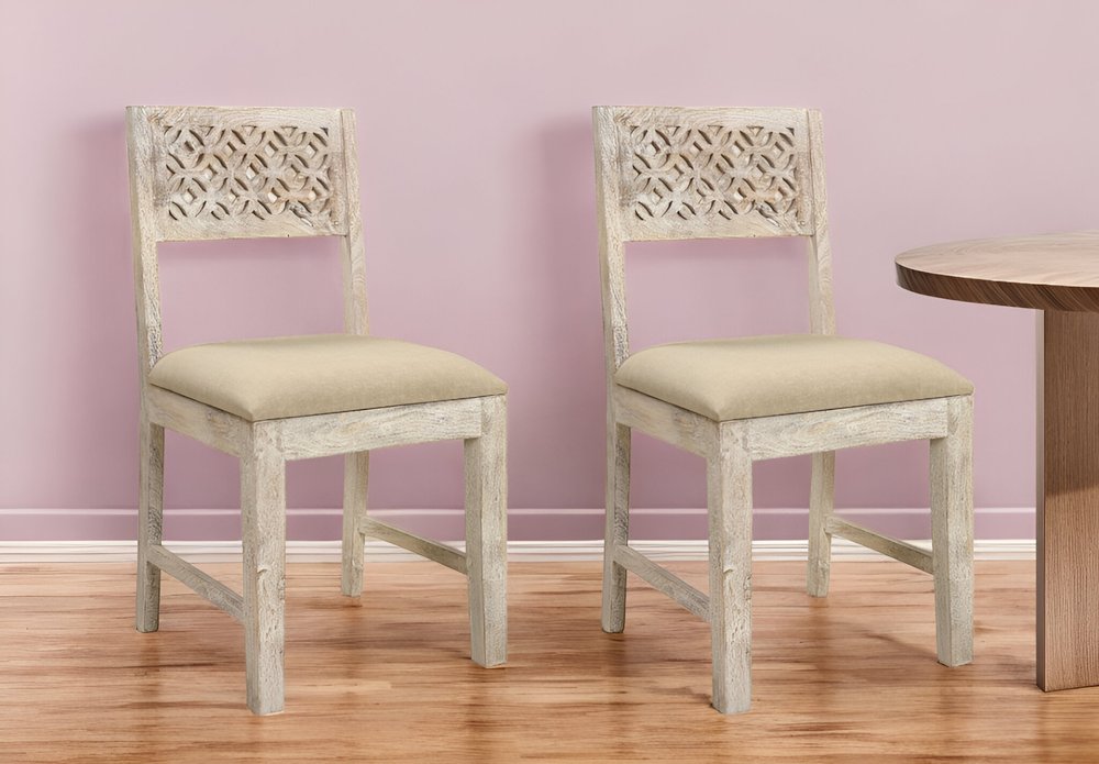 Set of Two Brown And White Upholstered Fabric Carved Back Dining Side Chairs HomeRoots