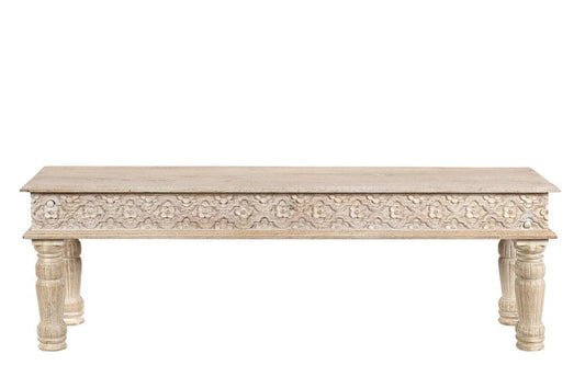 58" White Floral Distressed Solid Wood Dining Bench