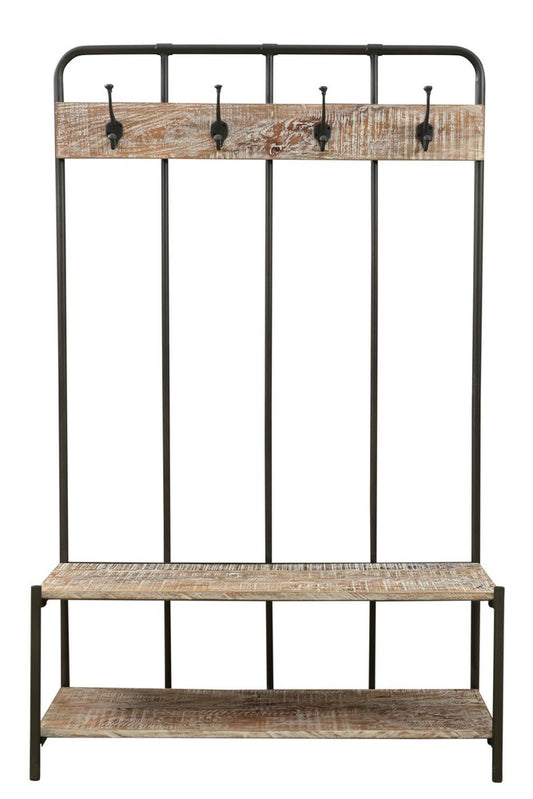71" Black And Brown Metal And Solid Wood Four Hooks Freestanding Coat Rack HomeRoots