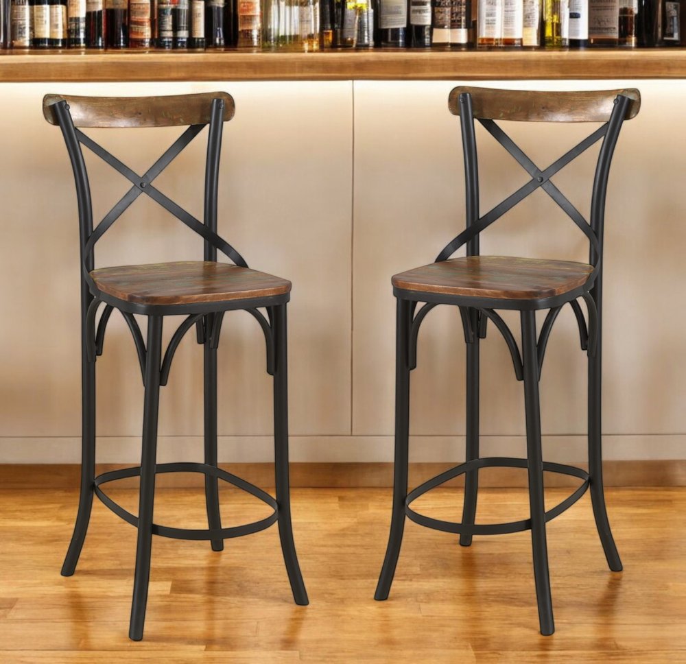 30" Brown and Black Solid Wood and Metal Counter Height Bar Chair HomeRoots