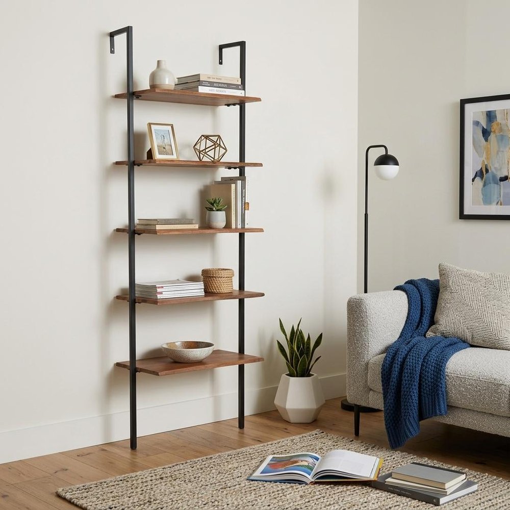 72" Brown Metal and Solid Wood Five Tier Ladder Bookcase HomeRoots