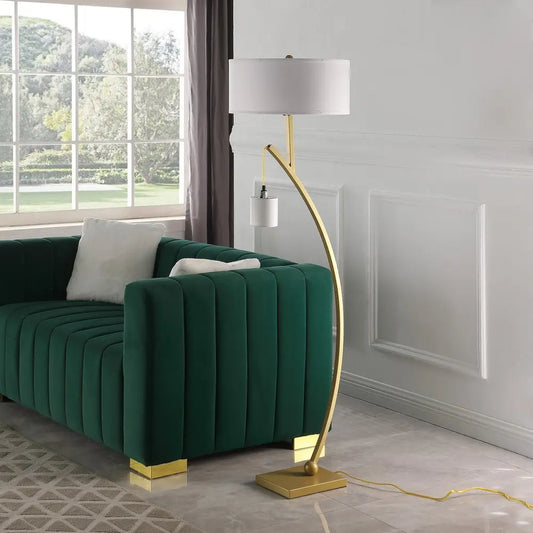 59" Gold And White Arc Floor Lamp With White Fabric Drum Shade HomeRoots