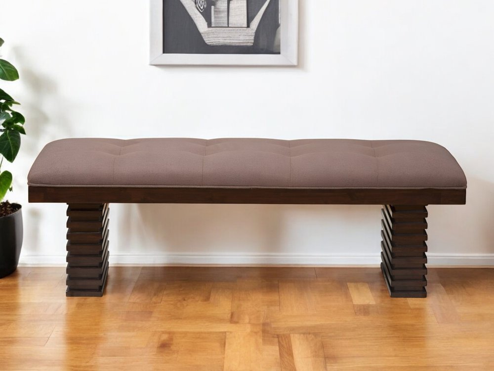 59" Latte and Espresso Linen Blend Upholstered Dining Bench HomeRoots