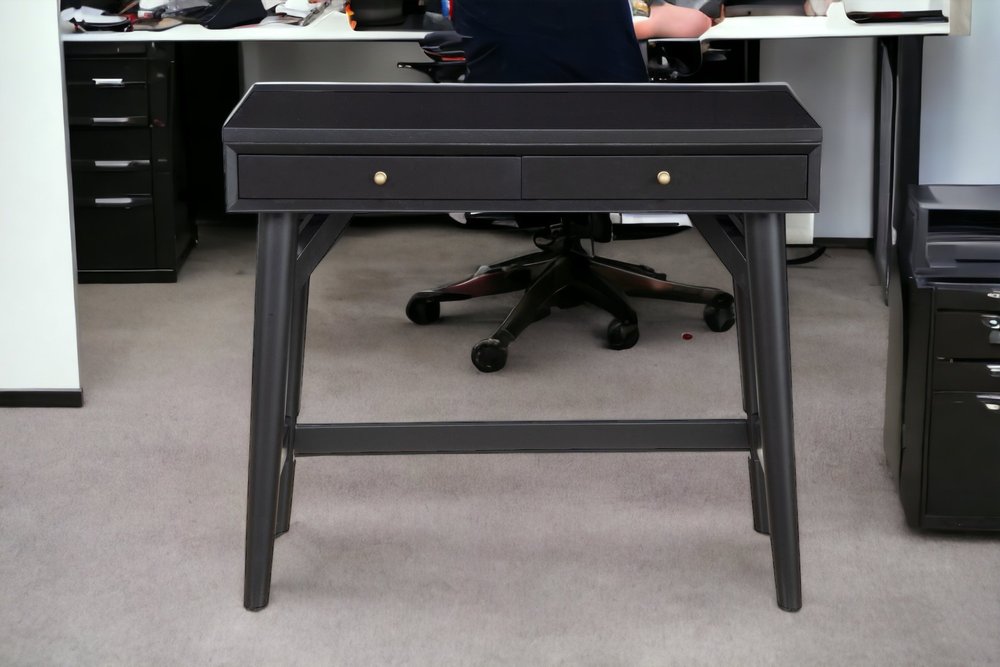 36" Black Solid Wood Writing Desk With Two Drawers HomeRoots
