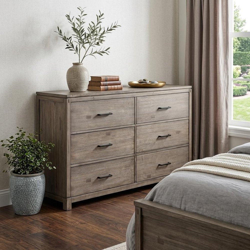 60" Gray Solid Wood Six Drawer Double Dresser HomeRoots