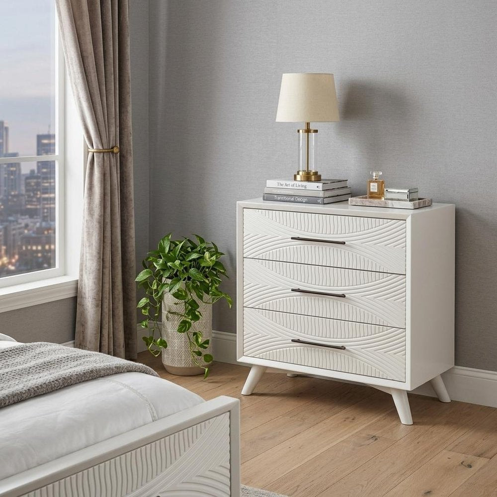 34" White Carved Geometric Solid Wood Three Drawer Dresser HomeRoots