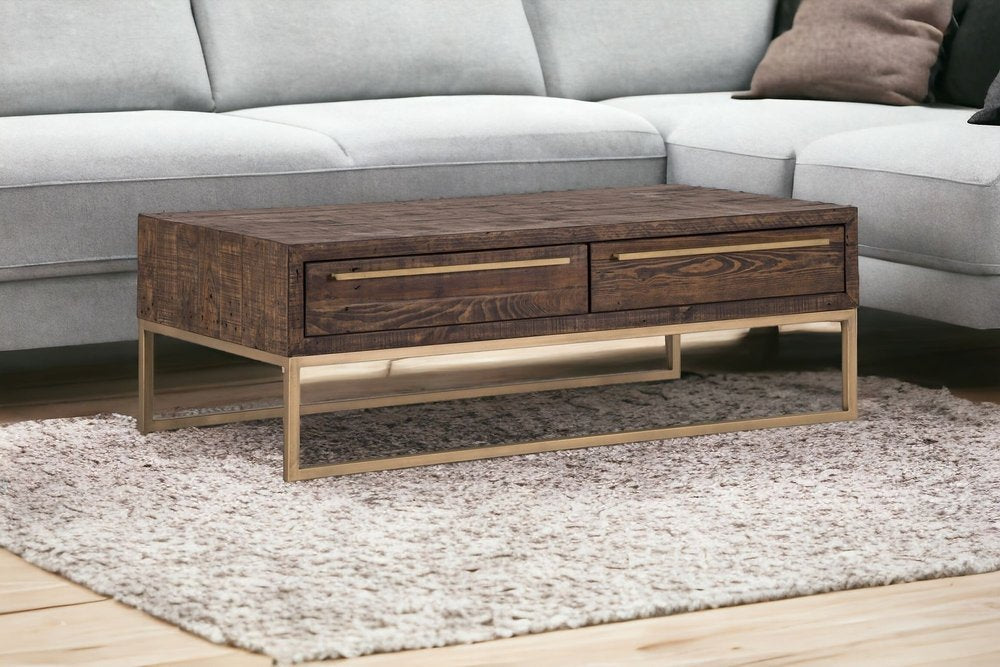 47" Dark Brown And Gold Metal Coffee Table With Drawer HomeRoots