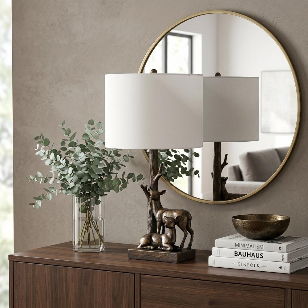 20" Bronze Mom and Baby Deer Table Lamp With White Drum Shade HomeRoots