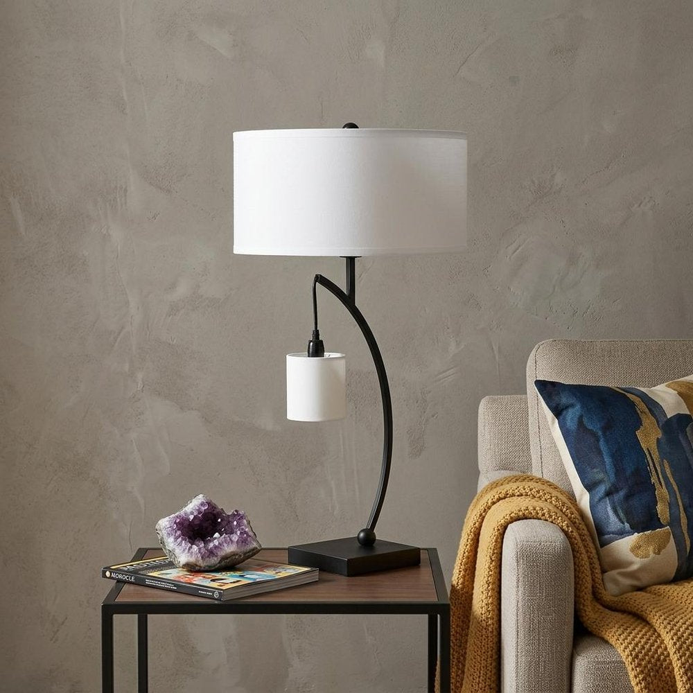 29" Black Metal Two Light Arched Table Lamp With White Drum Shade HomeRoots