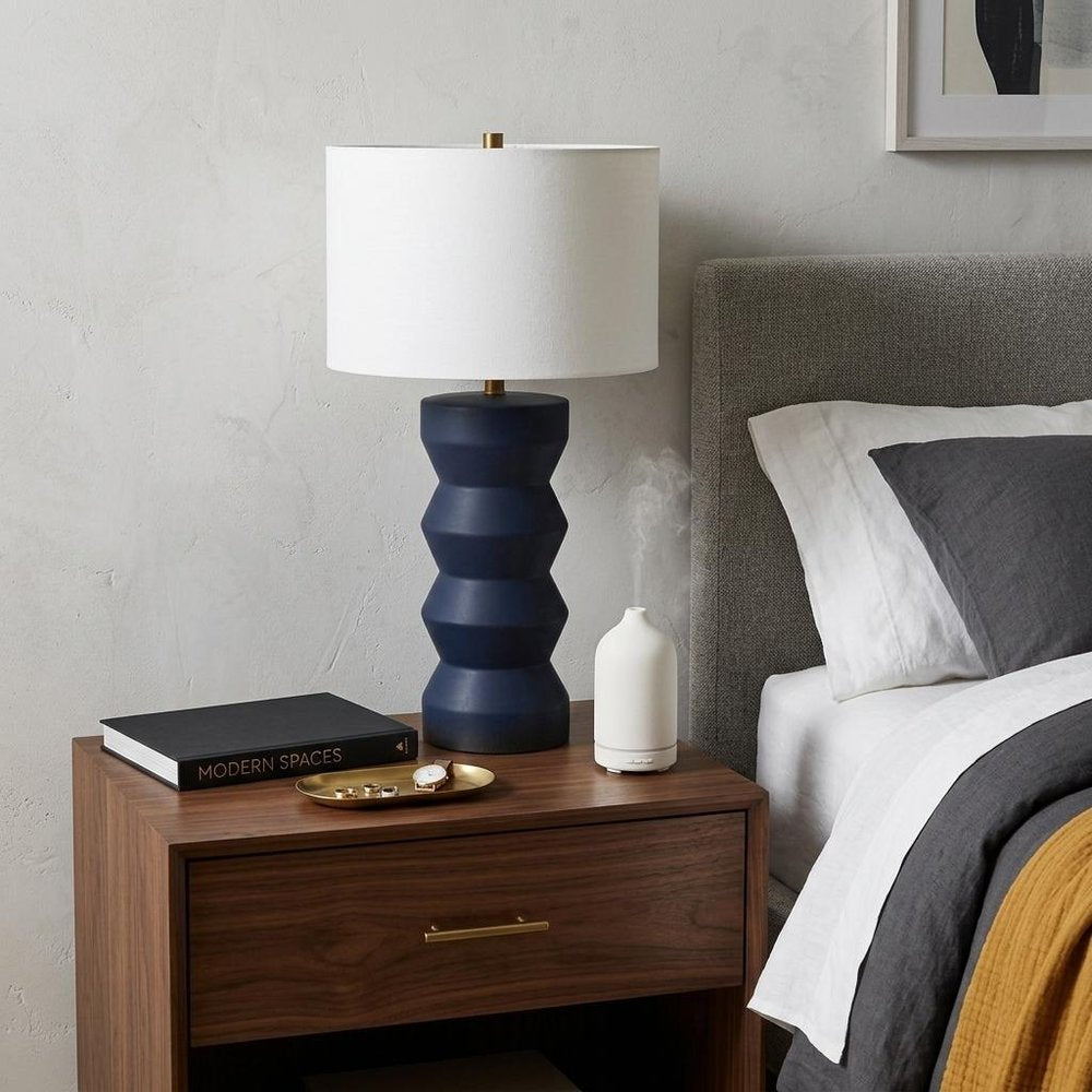 28" Navy Blue Geometric Table Lamp With Drum Shade HomeRoots