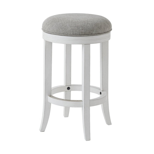 25" Gray And Antiqued White Linen And Solid Wood Backless Counter Height Swivel Bar Chair HomeRoots
