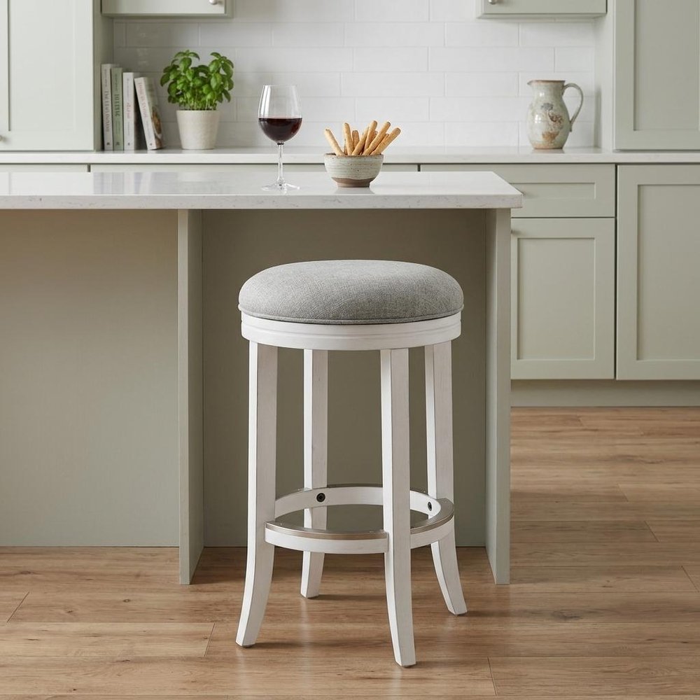 25" Gray And Antiqued White Linen And Solid Wood Backless Counter Height Swivel Bar Chair HomeRoots