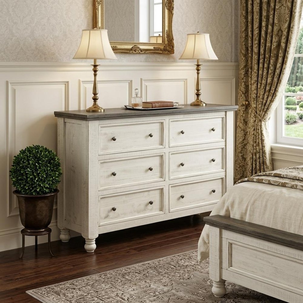 62" Gray and Ivory Solid Wood Six Drawer Double Dresser HomeRoots