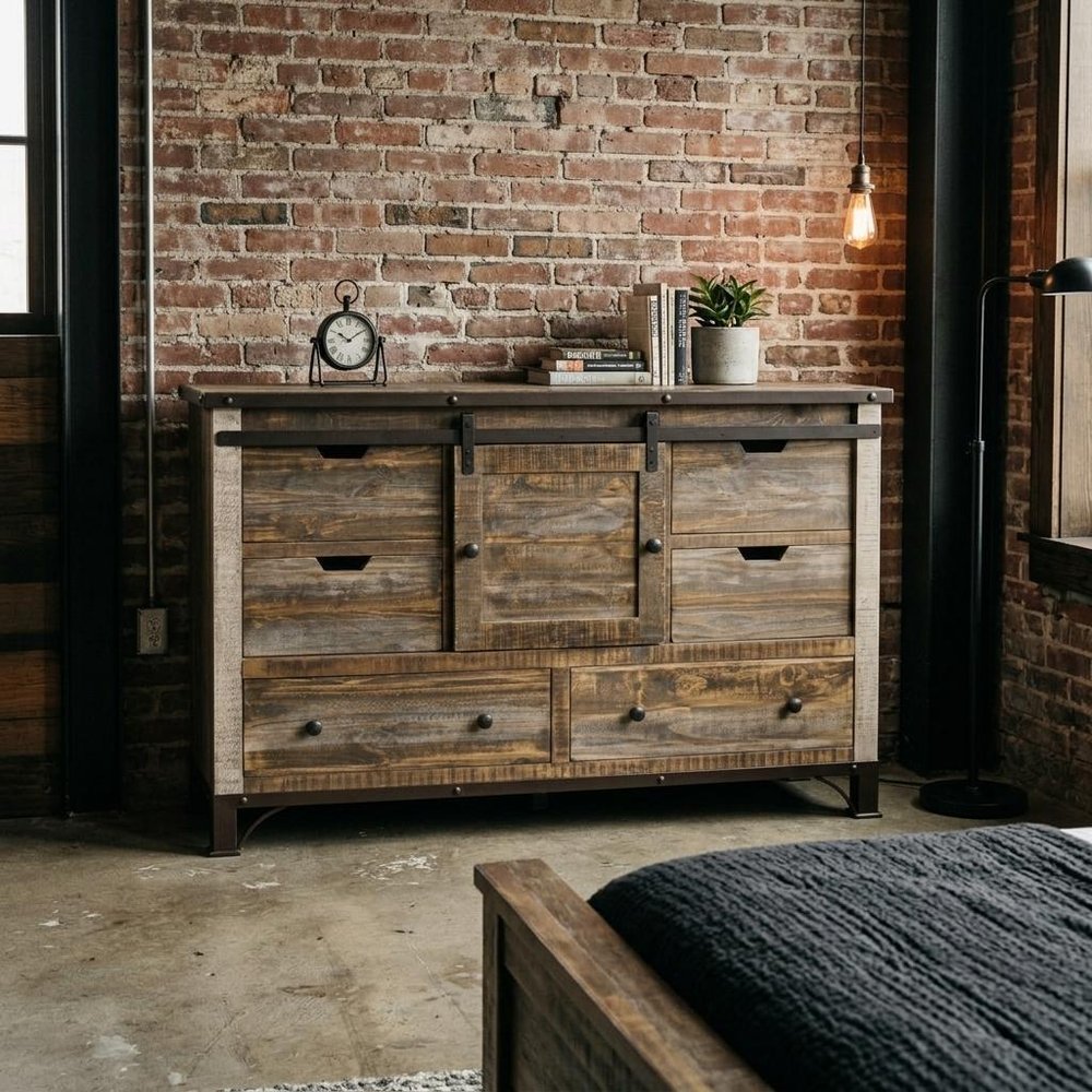 62" Brown Solid Wood Six Drawer Triple Dresser