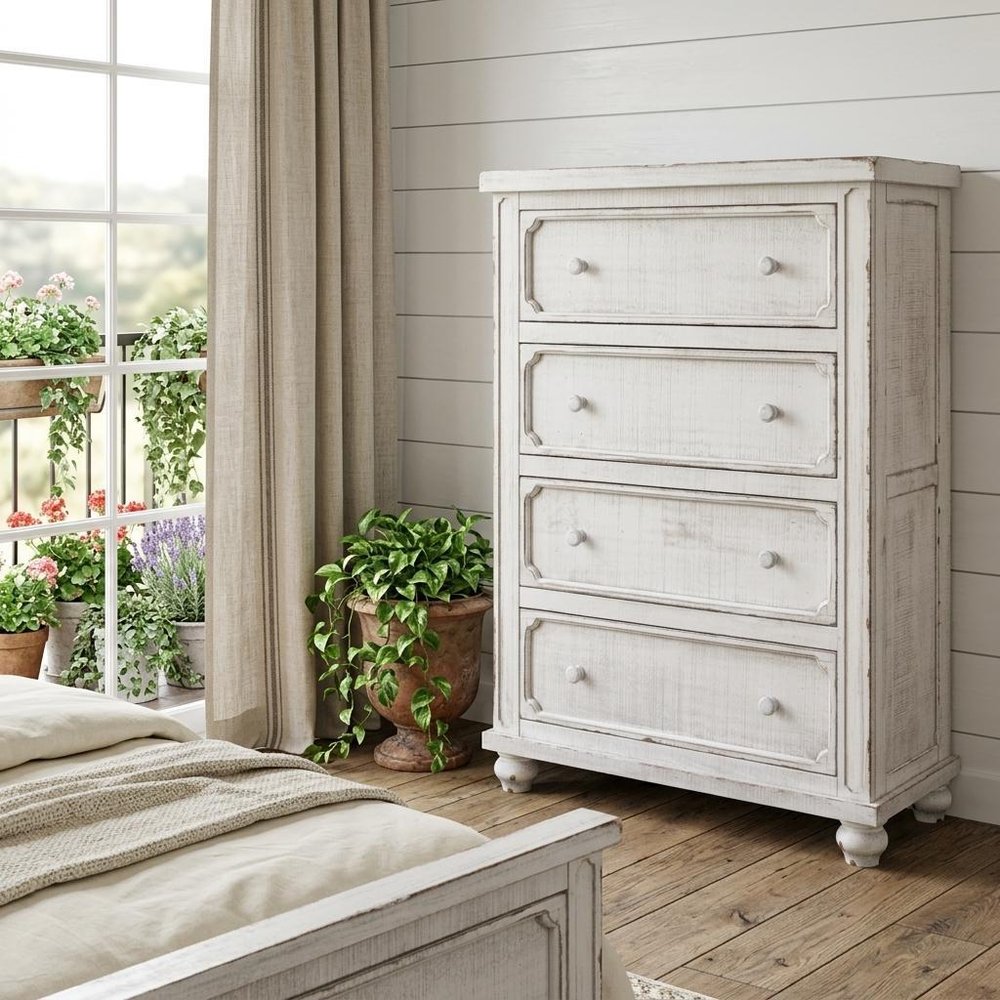 37" Antiqued White Solid Wood Four Drawer Dresser HomeRoots