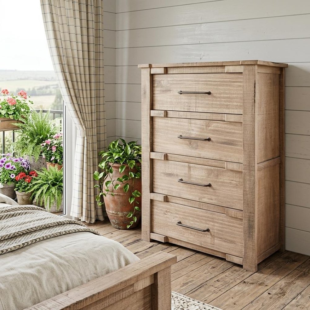 36" Natural Solid Wood Four Drawer Dresser HomeRoots