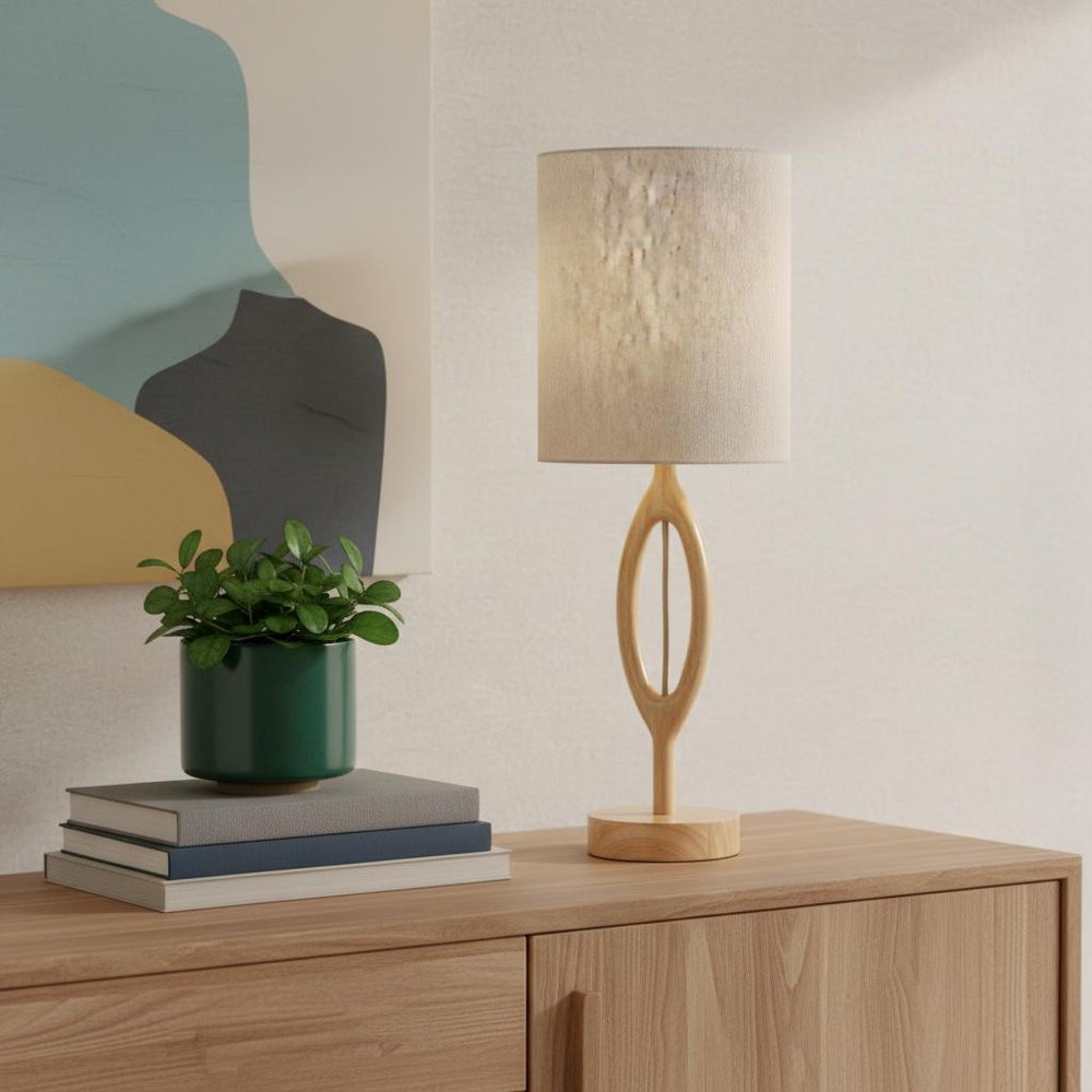 28" Natural Solid Wood Round Table Lamp With Beige Drum Shade HomeRoots