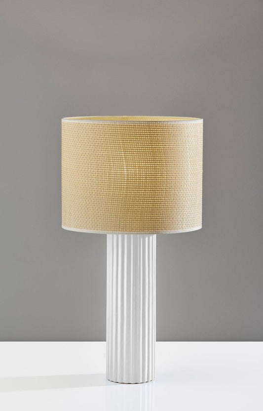 24" White Ceramic Cylinder Table Lamp With Beige Drum Shade HomeRoots