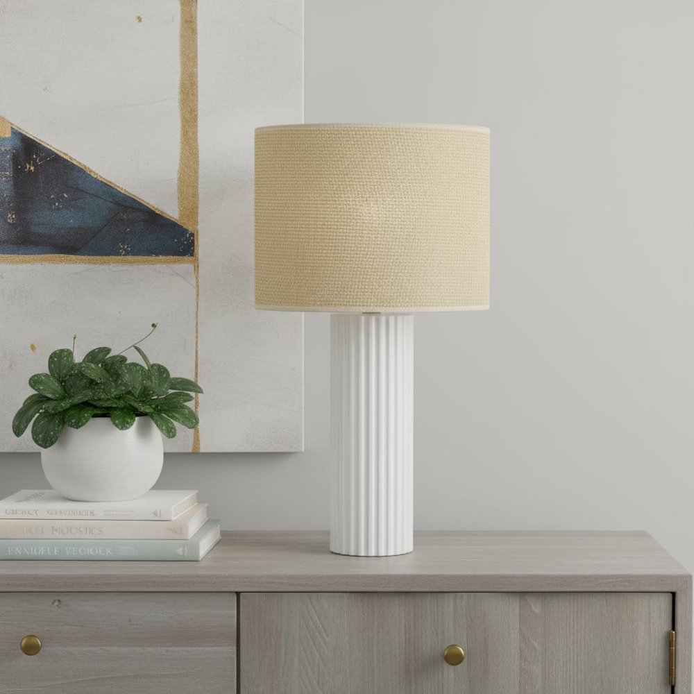 24" White Ceramic Cylinder Table Lamp With Beige Drum Shade HomeRoots