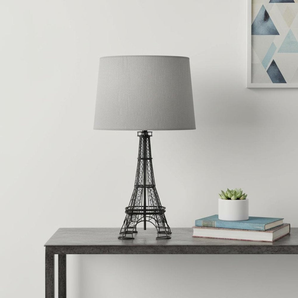 25" Black Acrylic Paris Desk Table Lamp With Gray Drum Shade HomeRoots