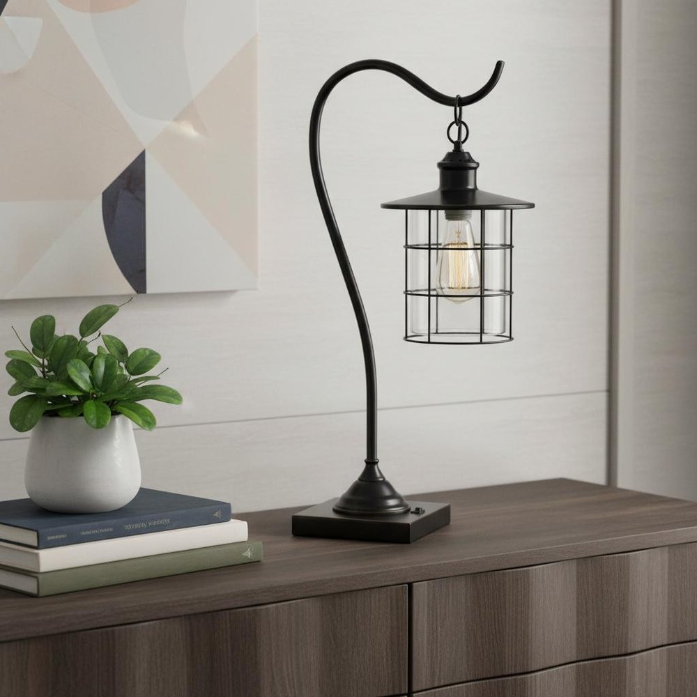 25" Bronze Metal Lantern Style Desk Lamp With Edison Bulb HomeRoots