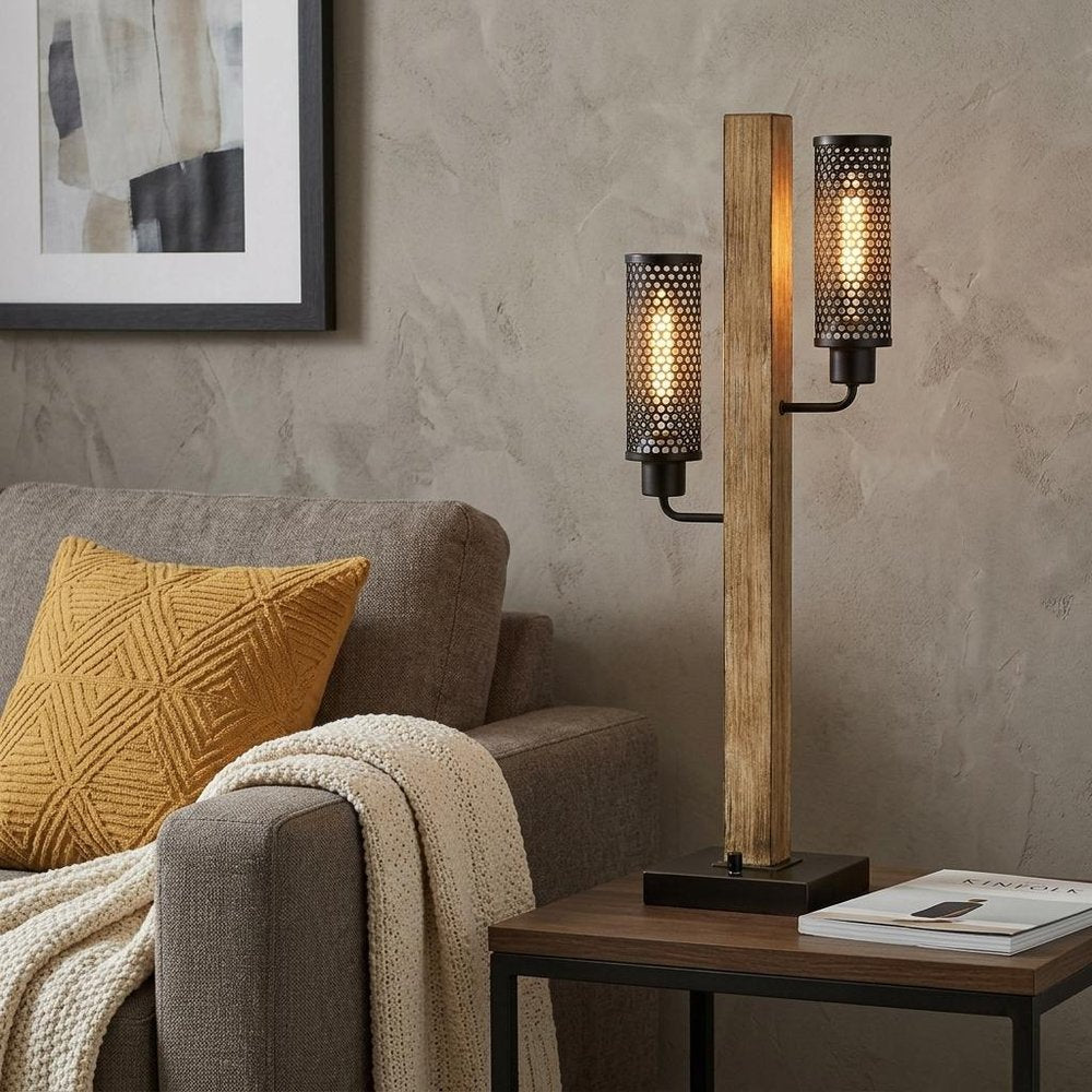 32" Gray Metal Two Light Table Lamp With Black Novelty Shade