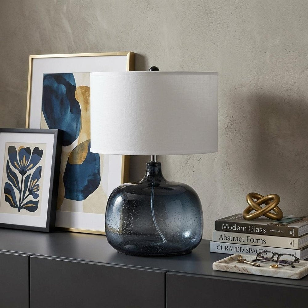 24" Dark Blue Glass Table Lamp With White Novelty Shade HomeRoots