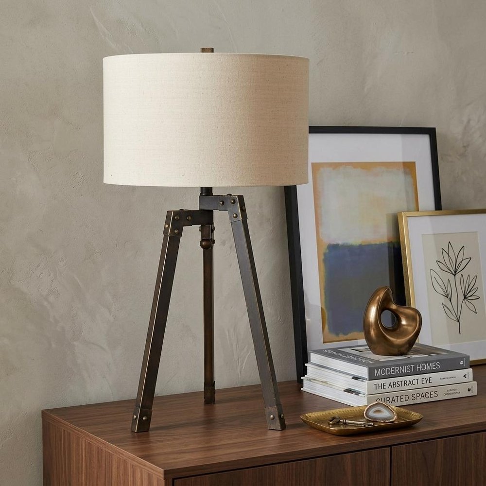 32" Charcoal Metal Tripod Table Lamp With Tan Drum Shade HomeRoots