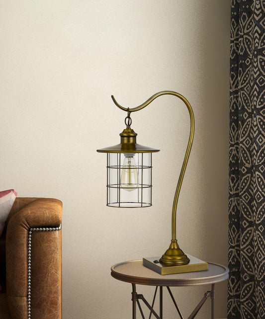 25" Antiqued Brass Metal Lantern Desk Lamp With Antiqued Brass Drum Shade HomeRoots