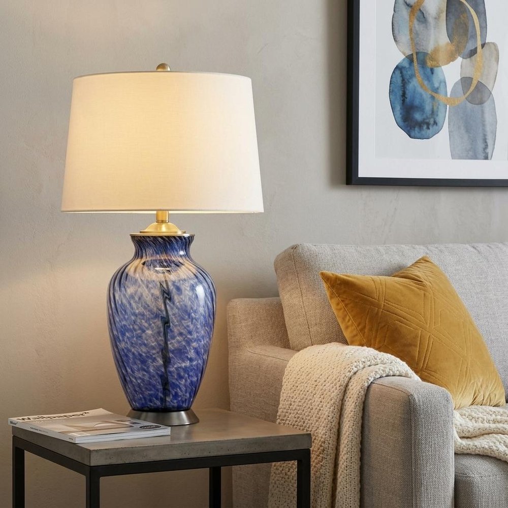 28" Blue Swirl Glass Table Lamp With White Empire Shade HomeRoots