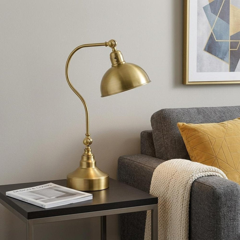 25" Antiqued Brass Metal Lantern Desk Lamp With Antiqued Brass Dome Shade HomeRoots
