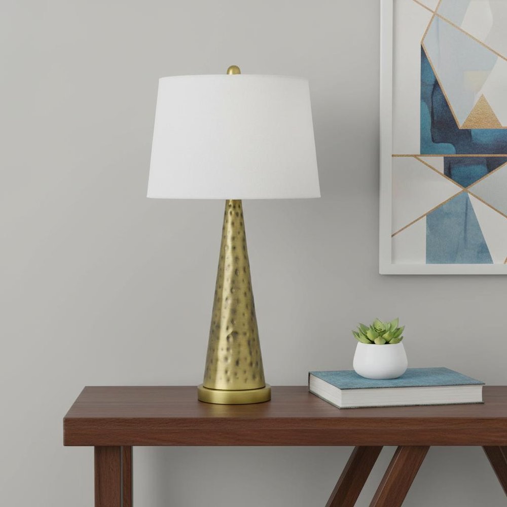 27" Antiqued Brass Metal Geometric Table Lamp With White Empire Shade HomeRoots
