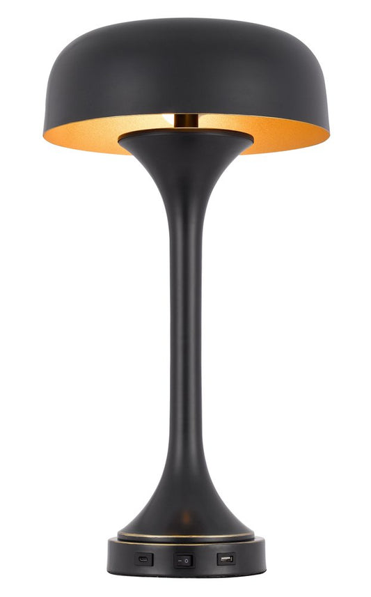 22" Black Metal Two Light Novelty USB Table Lamp With Black Dome Shade HomeRoots