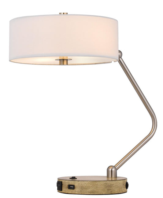 20" Brown Metal Two Light Lantern Desk USB Table Lamp With White Drum Shade HomeRoots