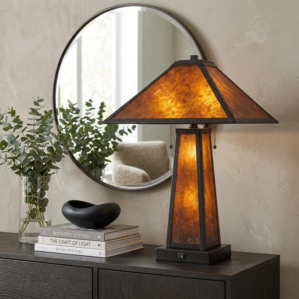 24" Burnt Orange Metal Two Light Table Lamp With Amber Square Shade HomeRoots