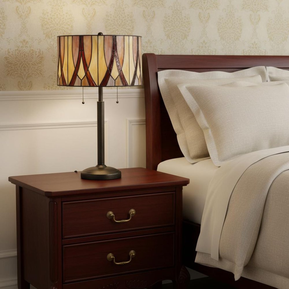 24" Bronze Metal Two Light Table Lamp With Red And Ivory Drum Shade HomeRoots