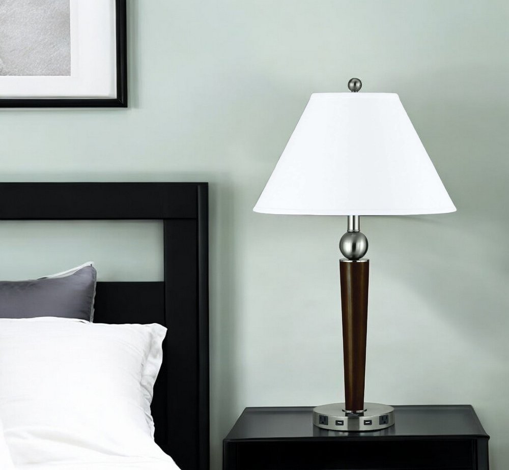 29" Nickel Metal Geometric USB Table Lamp With White Empire Shade HomeRoots