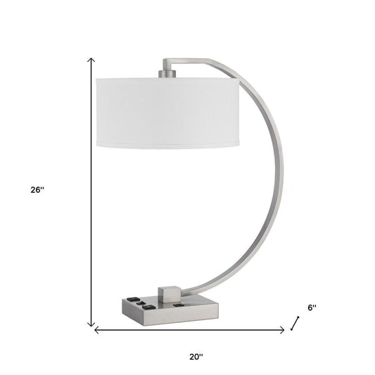 26" Nickel Metal Lantern Desk USB Table Lamp With White Shade HomeRoots