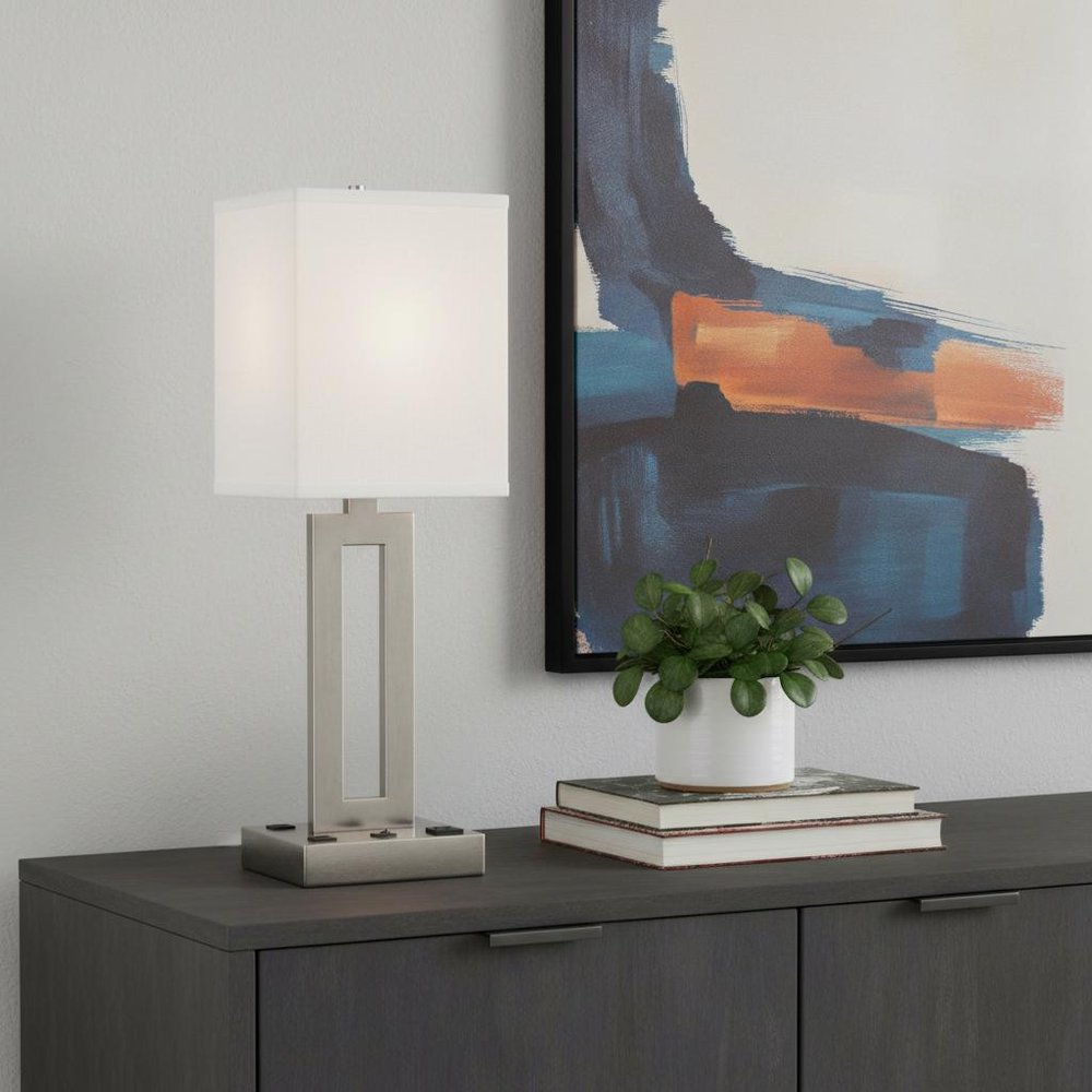 24" Nickel Metal Desk Usb Table Lamp With White Drum Shade HomeRoots