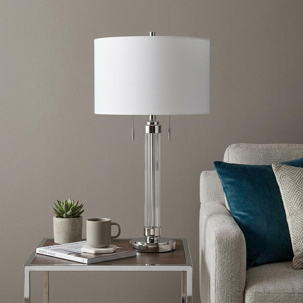 31" Silver Metallic Metal Two Light Cylinder Table Lamp With White Drum Shade HomeRoots
