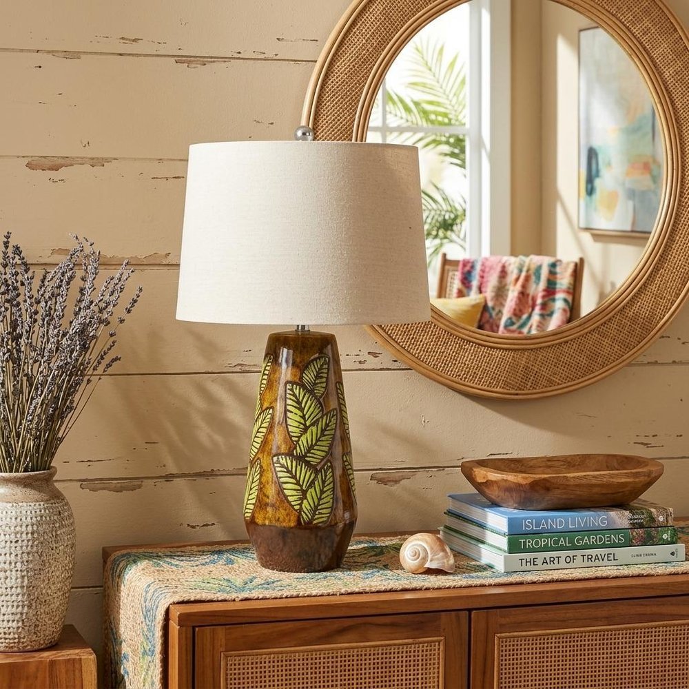 29" Brown Ceramic Cylinder Table Lamp With Tan Empire Shade HomeRoots