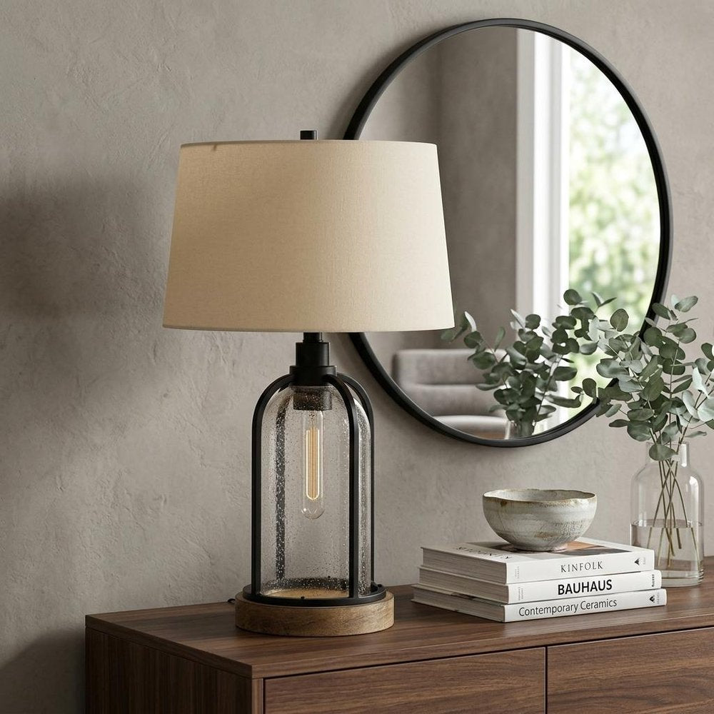 27" Brown Metal Two Light Globe Table Lamp With Eggshell Empire Shade HomeRoots